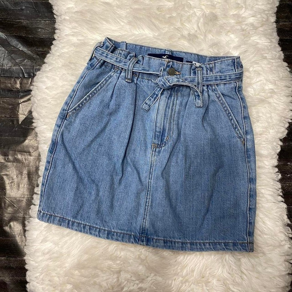 HOLLISTER BLUE DENIM ULTRA HIGH RISE SKIRT WAIST TIE MALLCORE Y2K SUMMER CHIC
